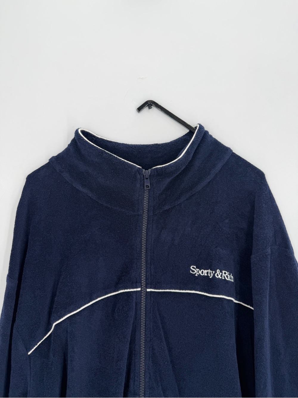 Sporty & Rich New Serif Terry Logo Embroidered Track Jacket In Navy